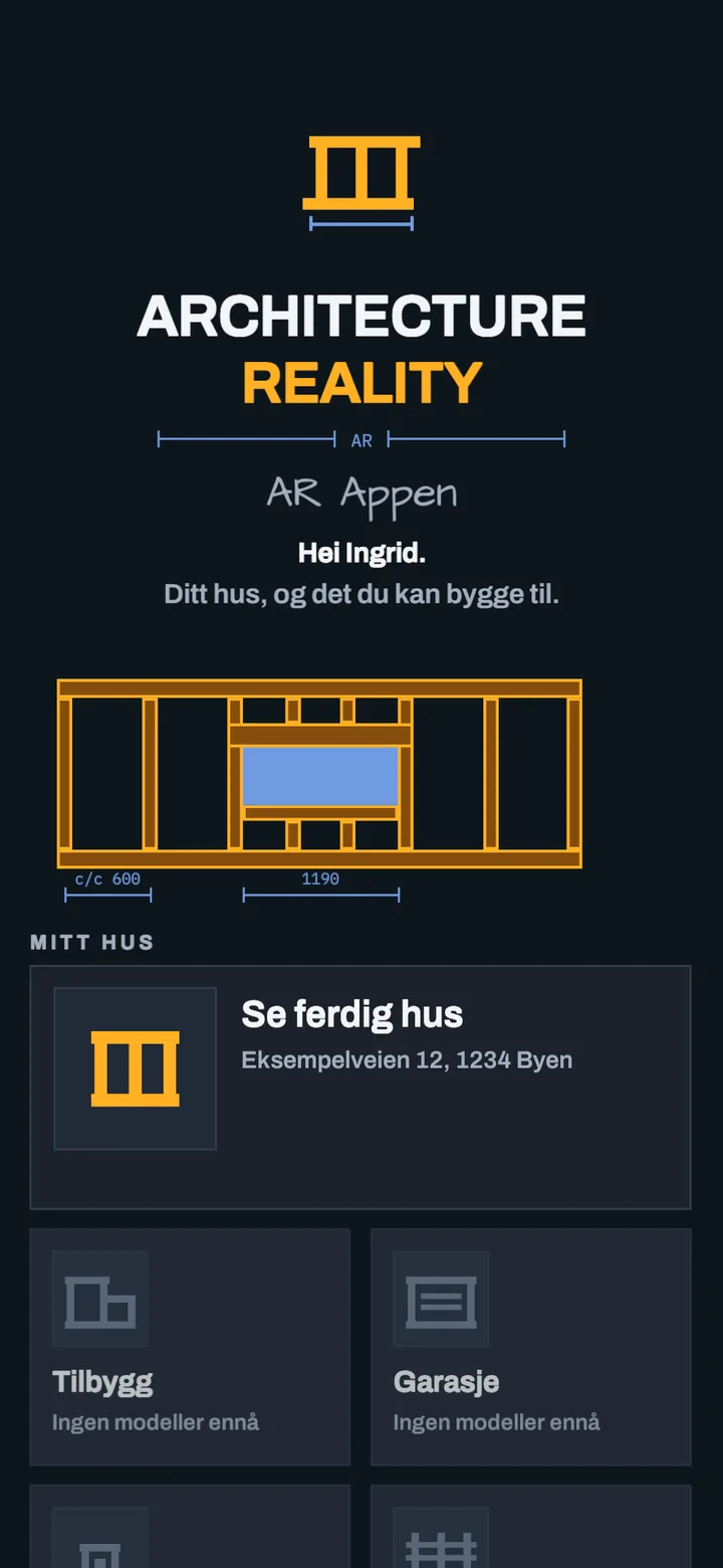 Startsiden i appen med logoen, hilsenen Hei Ingrid, Mitt hus med Se ferdig hus, og knappene Tilbygg og Garasje.