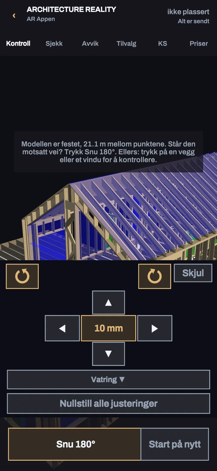 Justering i AR: runde piler for å vri, piler for å flytte, steget 10 mm, Vatring, Nullstill alle justeringer, Snu 180° og Start på nytt.