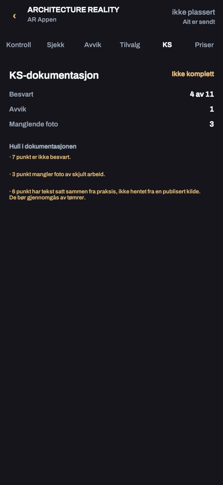 KS-fanen i appen med antall registrerte punkter, avvik og manglende foto.